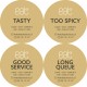 Naklejki tasty / too spicy / good service / long queue / eat